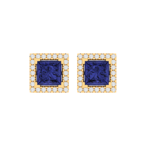 Pendientes de Botón con Tanzanita Corte Princesa y Circonita Cúbica, Chapados en Oro Blanco sobre Plata de Ley, 9.6mm de Ancho - Product Image 1