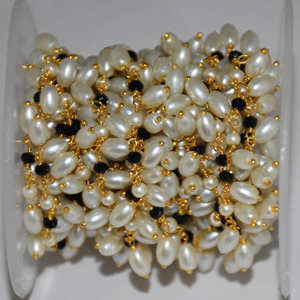 Gold Plated Rice Pearl Black Glass Bead Cluster <b>Rosary</b> Wire Wrapped Rondelle Chain for Jewelry Making - Product Image 4