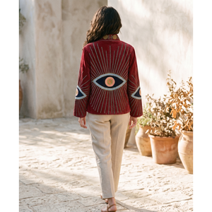 Red Embroidered Eye Pattern Eco-Friendly Velvet Shell Women's Butterfly Collar Full Sleeve Knitted Breathable <b>Vintage</b> <b>Jacket</b> - Product Image 2