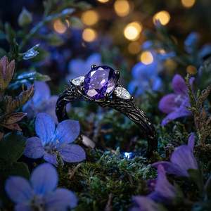Jeulia <b>Gothic</b> Black Three Stone Oval Purple Engagement <b>Ring</b> - Product Image 4