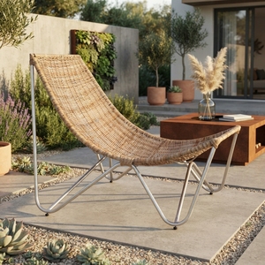 Fauteuil de salon Charlotte Brown en rotin naturel tressé avec structure en métal argenté, chaise inclinable papillon pour patio et jardin - Product Image 2