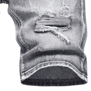 Shorts en jean déchirés et délavés pour homme, noir et gris, respirants, coupe droite, longueur genou, cinq poches, style streetwear décontracté pour l'été - Product Image 6
