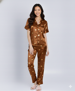 Premium Luxury Digital Printed <b>Silk</b> Satin Pajamas Soft & Breathable Summer Sleepwear Set for Adults (Customizable) - Product Image 6