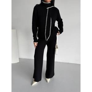 Mybeefashion Women's Black Shawl Collar Knitwear Two-Piece <b>Set</b> - Elegant Wool Blend Acrylic <b>Sweater</b> and Trousers Outfit - Product Image 3