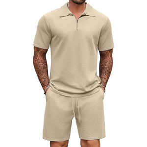 Tenues de sport de jogging athlétique kaki léger et respirantes pour hommes ensemble de 2 pièces polo à fermeture éclair et short survêtement - Product Image 1