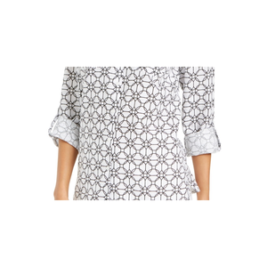 Camicia da Donna Charter Club XL con Maniche Stampate, Tessuto Popeline Bianco, Stile Casual e Formale, Motivo Geometrico, Colletto Alto in Pizzo - Product Image 3