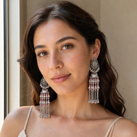 Ensemble de boucles d'oreilles Jhumka bohèmes indiennes en alliage de zinc, longues pampilles pendantes, bijoux ethniques gypsies, coffret cadeau pour femmes