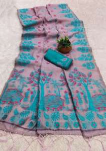 Nouveau Sari Indien pour Femme en Tissu de Soie de Coton Muga Doux, Motif Classique Tendance et Fantaisie Floral, avec Broderie Latkan et Effet Drapé Instantané - Product Image 4