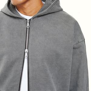 Fábrica de ropa para hombres personalizada de algodón de peso pesado francés Terry Vintage lavado liso de dos vías cremallera Zipup sudaderas con capucha - Product Image 4