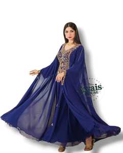 Kaftan Dubaï à manches longues en mousseline de soie, broderie de cristaux, sequins, simple, sobre, modeste, 100% polyester, longueur au sol, coupe trapèze - Product Image 1