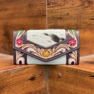 การออกแบบใหม่มือเครื่องมือแกะสลักกระเป๋าสตางค์มีสไตล์ผมบนหนัง Cowhide หลายใช้กระเป๋าสตางค์หนังแท้ตะวันตกสําหรับผู้หญิง - Product Image 2