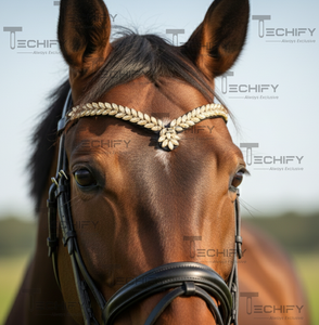 Bandeau de tête de cheval en cuir noir de luxe avec feuille de cristal champagne en forme de V |   Accessoire de bride équestre haut de gamme - Product Image 2