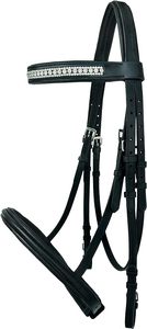 Bridon anglais en cuir noir avec frontale et rênes ornées de strass pour l'équitation - Product Image 6