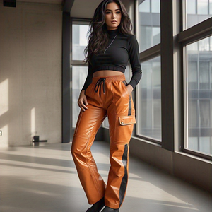 Pantalones de tubo de piel sintética de último diseño para mujer, ajuste Regular, cintura alta, invierno, negro, naranja, estilo callejero - Product Image 4