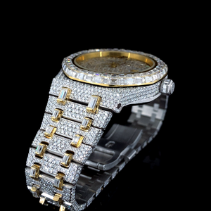 Montre unisexe entièrement sertie de diamants en moissanite, mouvement mécanique, bracelet en acier inoxydable et cuir, verre analogique, jaune, blanc, personnalisée - Product Image 2