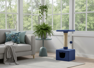 Blue <b>Cat</b> Tree With Sisal <b>Scratching</b> <b>Post</b> And Hidden Cave For Indoor <b>Cats</b> Minimalist Design Solid Color One Level - Product Image 6