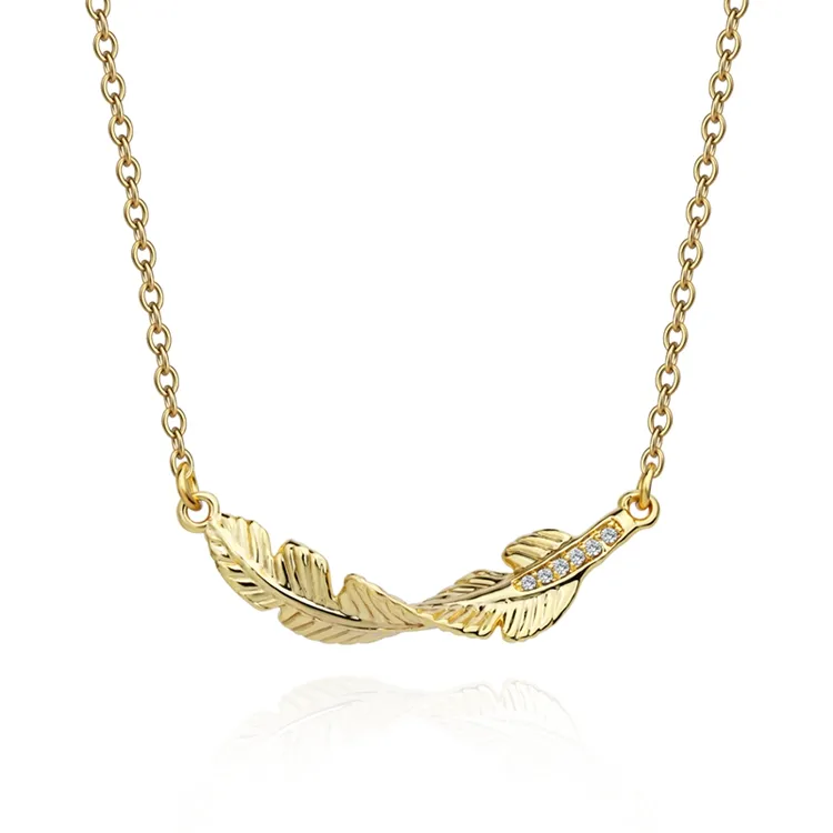 18K Gold Plated Twisted Feather Pendant Necklace Brass Crystal Feather Necklace Faith Hope Necklace For Women