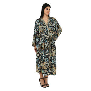 Women's <b>Flowy</b> Silk Sari Kimono Cami Set One Size Black Blue Paisley Gown with Scoop Neckline - Product Image 4