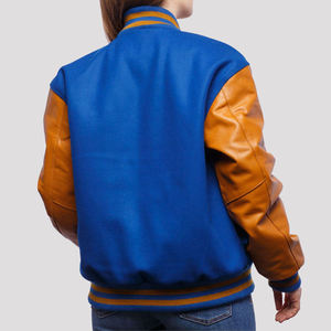 Veste universitaire en laine 100% avec manches en cuir, bleu et tan, personnalisable, unisexe, style baseball, bomber, fabricant OEM - Product Image 3