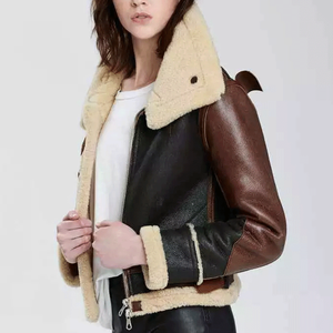 Vente chaude Haute Qualité Respirant En Cuir Véritable Femmes Zip-Up Marron/Noir Shearling Fourrure Bomber Veste pour Les Motocyclistes - Product Image 1