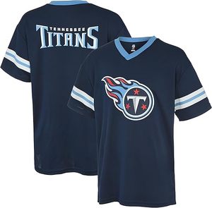 T-shirt bleu marine à col en V des Tennessee Titans avec logo de l'équipe brodé, en polyester, lavable en machine, style col classique - Product Image 1