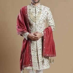2025@Men's Customized Groom Sherwani , Pant & Stole <b>Dress</b> with Embellished Crystal Glass Beads, Dabka, Stone Hand Zari Work - Product Image 1