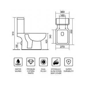 WC à deux pièces Marvel, à chasse double, à siphon, avec abattant à fermeture douce, à poser au sol, économiseur d'eau, à dégagement rapide - Product Image 2