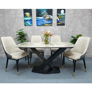 Juego de Mesa de Comedor Rectangular BA68095 de 140/160x80cm con Tapa de Cerámica y Patas de Hierro, Aspecto de Mármol de Piedra Sinterizada - Product Image 2