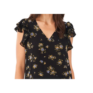 Top in chiffon scollo a V con maniche a volant, stampa floreale stile coreano, taglia unica, vestibilità ampia, per ufficio, formale, vintage, da giardino, taglia XS - Product Image 2