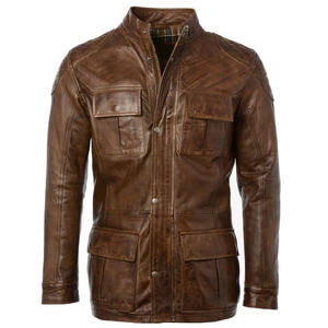 Men's <b>Retro</b> Style Leather Jacket Spring Autumn Leisure Slim Fit with Stand-Up Collar Zipper Canvas <b>Fabric</b> Front Logo Placement - Product Image 1