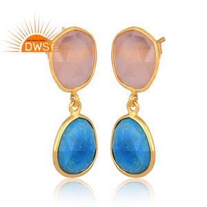 Meilleure vente argent sterling plaqué or naturel Rose calcédoine & Turquoise Matrix pierre précieuse dangle boucle d'oreille fabricant de bijoux - Product Image 2