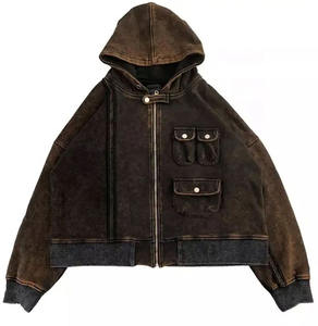 2024 sur mesure de qualité supérieure hommes délavés au soleil fermeture éclair Denim sweat à capuche surdimensionné en gros en détresse lavé à l'acide sweats à capuche - Product Image 4