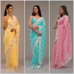 Sari en satin lavande de créateur traditionnel avec chemisier brodé, bordure ornée, coupe ajustée, longueur genou, idéal pour les mariages et les occasions spéciales - Product Image 3