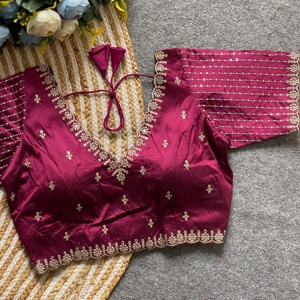 Blusa moderna con cuello en V con diseño tejido y hilo Zari Trabajo Bodas Logotipo bordado de moda/Patrón Decoración con lentejuelas - Product Image 6