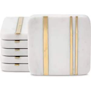 Dessous de verre carrés modernes à double incrustation en laiton Décoration d'intérieur rustique moderne Vaisselle en marbre naturel Protection - Product Image 1