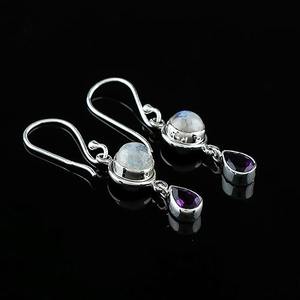 <b>Moonstone</b> Amethyst Gemstone Earrings 925 Solid Sterling Silver Round Shape Earrings for Women Dangle Earrings Silver <b>Jewellery</b> - Product Image 3