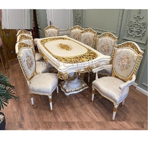 Ensemble de meubles de salle à manger modernes en bois de teck au design classique Table à manger polie en or blanc Couleur et taille personnalisées - Product Image 1