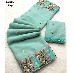 Mooie Geborduurde Etnische Dameskleding Geborduurde Georgette <span class=keywords><strong>Saree</strong></span> Voor Bruidegoms-Meidenkleding Tegen Groothandelsprijzen - Product Image 1