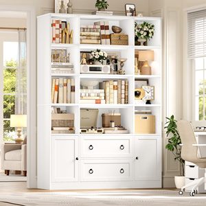 Estantería Grande Blanca de Madera con Armario de Almacenamiento y Cajones, Librería con Estantes Abiertos para el Hogar, Oficina o Sala de Estar - Product Image 2