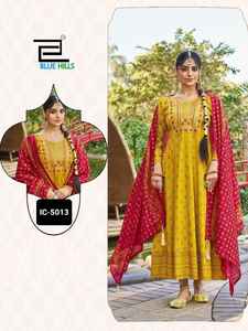 Traje de Anarkali de rayón pesado con bordado y trabajo de impresión con estampado de Chanderi pesado Dupatta - Product Image 5