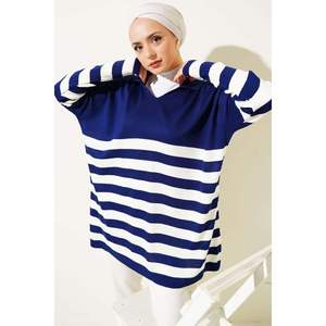 Tunique Col Chemise Maille Rayée Bleu Marine - Product Image 1