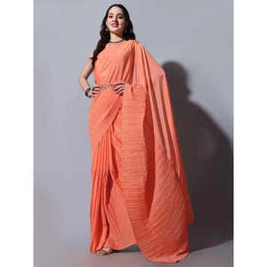 Espectacular Sari Naranja Chinon para Festividades con Blusa Bordada para Bodas - Product Image 2