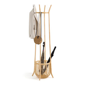 Multifunctional Rattan Coats hang Racks Entryway <b>Wooden</b> Coat Rack <b>Hanger</b> Stand With Storage Basket for Kids and Adults - Product Image 1
