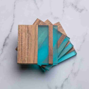 Sous-verres en bois d'acacia et résine, combinaison de bois de mangue et de pierre beige, ensemble de sous-verres avec sous-verres en mousse EVA - Product Image 2