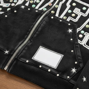 Ensemble de survêtement délavé à l'acide personnalisé 100% coton, effet vieilli, avec strass, pour homme, comprenant un pantalon de survêtement évasé et un sweat à capuche - Product Image 4