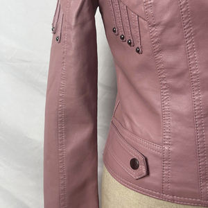 Fashionable Women's Motorcycle Jacket Turn-Down <b>Collar</b> Customizable Colors-Pink Black Red Genuine Sheep Skin Leather OEM Cotton - Product Image 5