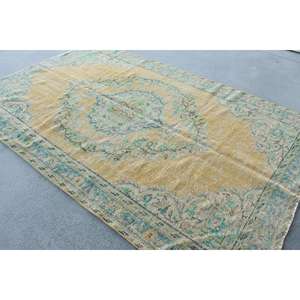 Turkish Rug, Large 5.6x8.7 ft Vintage Rug, <b>Yellow</b> Ikat <b>Wool</b> Rug - Product Image 2