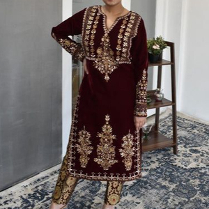 NEW BEAUTIFUL KURTA WITH BROCADE <b>PANT</b> ON SILK/VELVET FABRIC EMBELLISH CRYSTAL GLASS BEADS, DABKA WORK for Party-WEAR @ 2022 - Product Image 1
