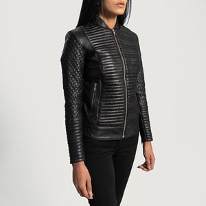 Chaqueta de motorista de piel de oveja auténtica para mujer, con cremallera, forro de viscosa acolchado y bolsillos exteriores interiores, color negro - Product Image 3