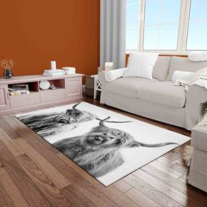 Alfombra con Estampado de Vaca Highland, Blanco y Negro, Antideslizante, Chenilla Escocesa, Alfombra Delgada No Tejida - Product Image 3